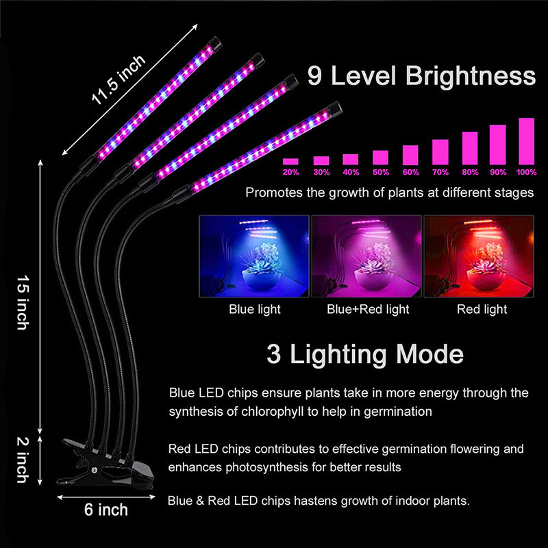 LED Plant Grow Light Clip Timer Full-Spectrum Sunlight Succulent Flower Herb Seedling Supplemental Lighting Lamp USB Interface