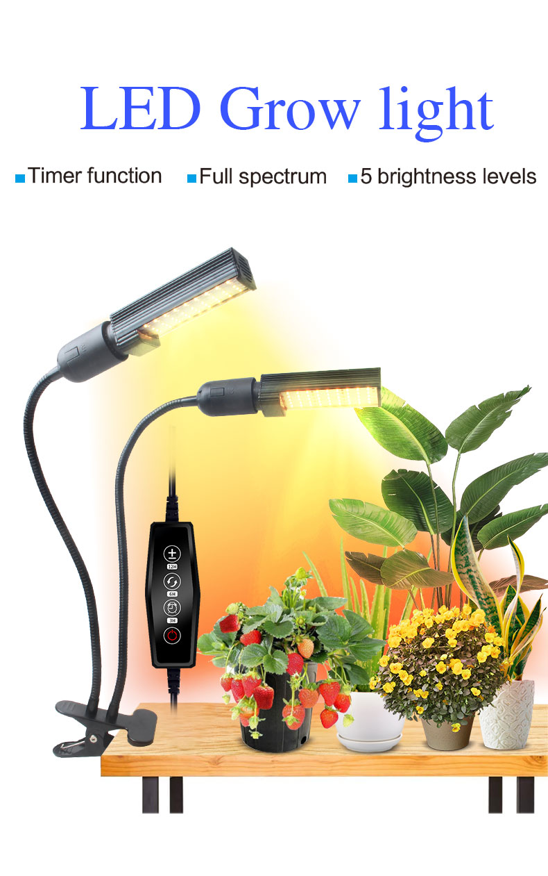 Full Spectrum 2 Heads Timing Dimmable Desk Clip LED Grow Light for Indoor Plants Hydroponics for Indoor Plants