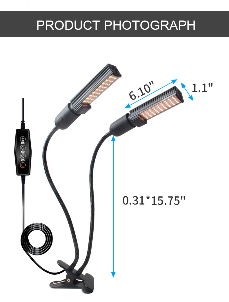 Full Spectrum 2 Heads Timing Dimmable Desk Clip LED Grow Light for Indoor Plants Hydroponics for Indoor Plants