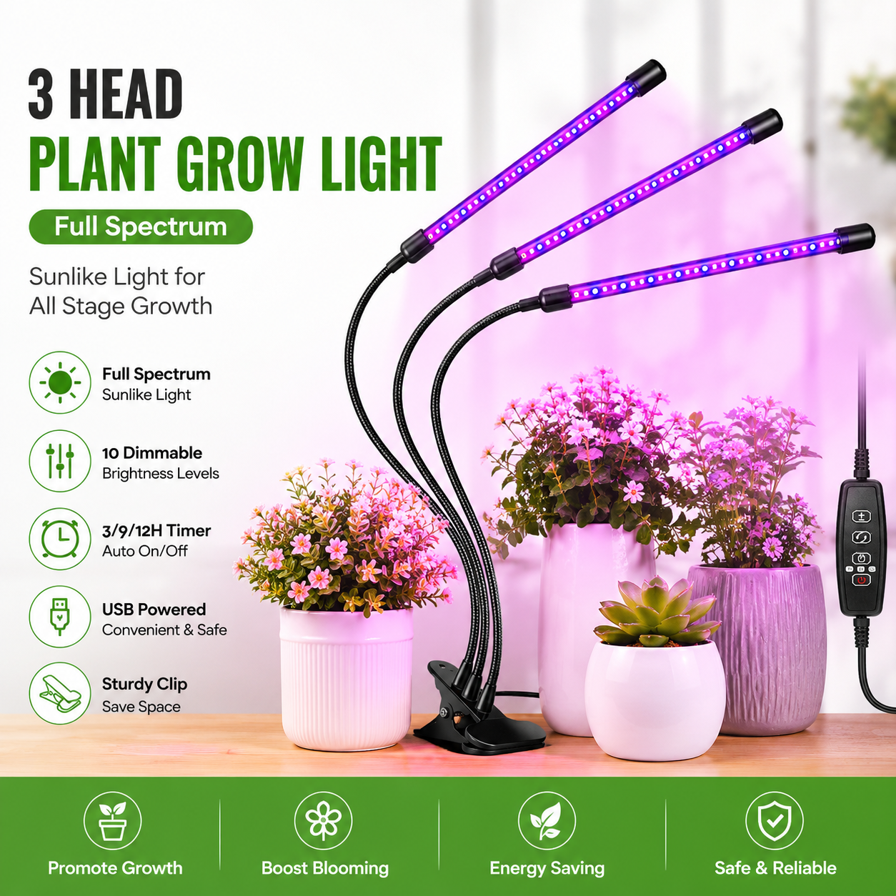 3-Head LED Grow Light with Timer &amp; Dimmable Modes | Full Spectrum Clip Plant Lamp for Indoor Plants