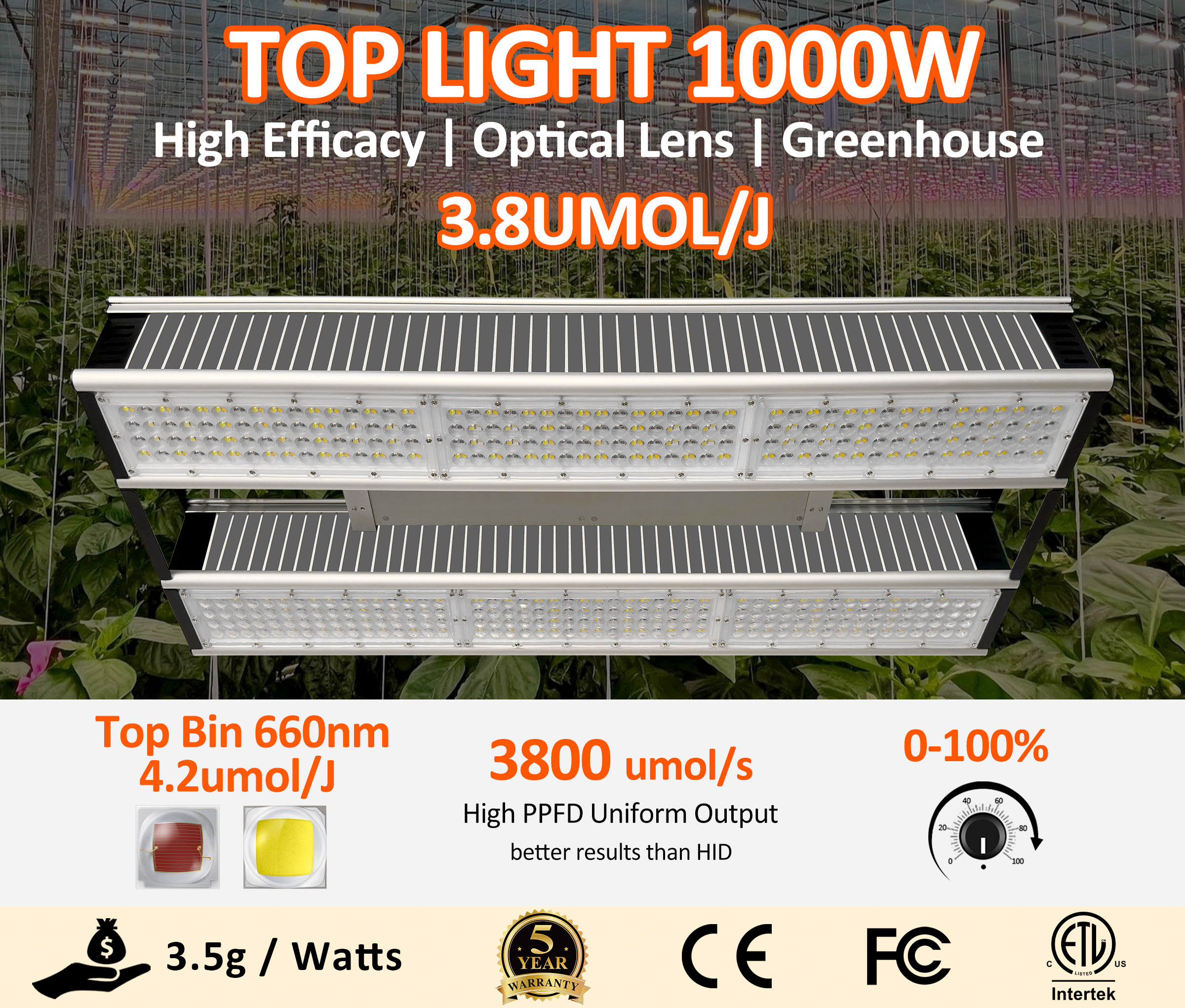 New Greenhouse Supplemental Led Top Light High Ppfd 800W 1000W Full Spectrum 3.8umol/j Slim Horticulture Grow Light Led Bar