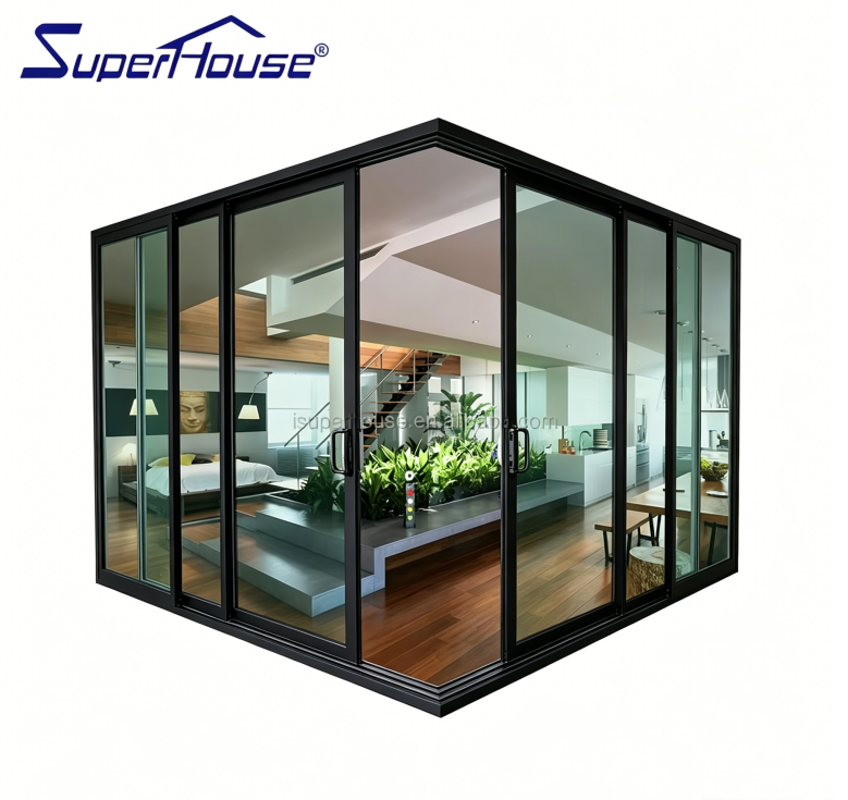 Commercial Office Aluminum Sliding Stacker Door Thermal Break  Ultra Clear Glass Insulated UV Protection Balcony Office Doors