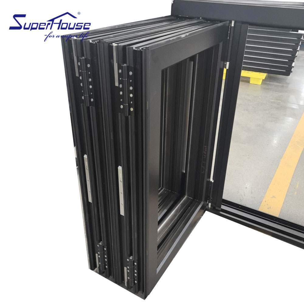 Superhouse Aluminium Slim Bifolding windows Timber Colour Aluminum Tempered Glass Folding Window with Retractable Mesh