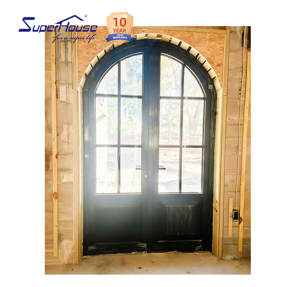 Superhouse Arched Top Double Aluminum French Door Multi Grid Glass Thermal Break Frame Windproof Waterproof Villa Entry Door