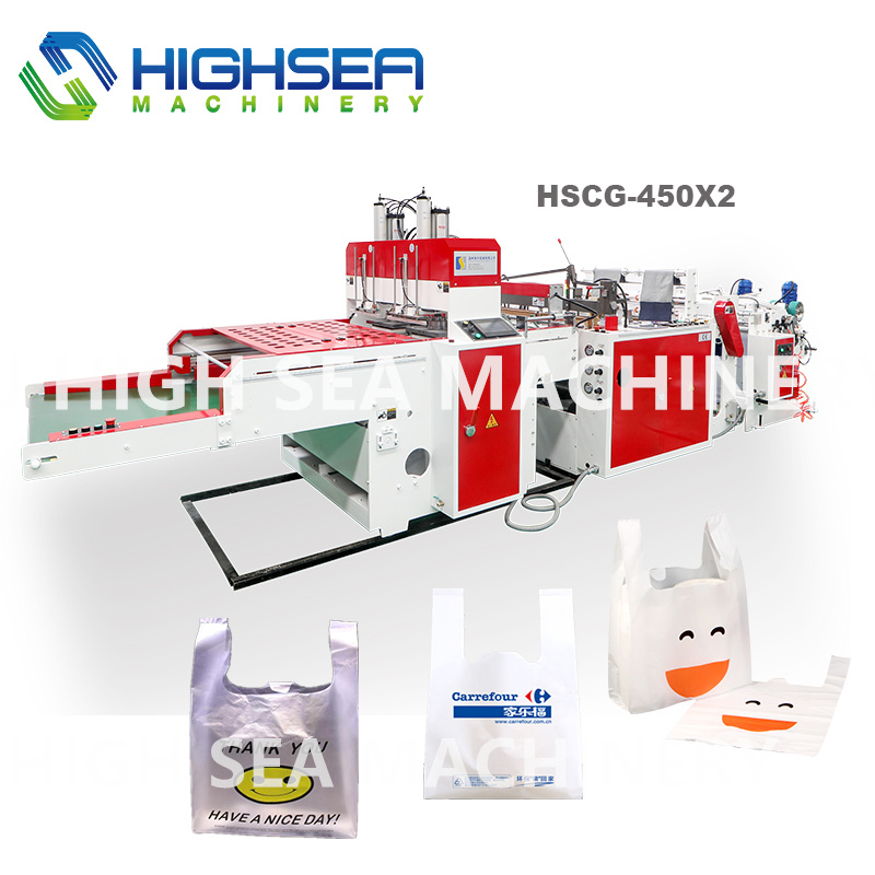 Saco de compras plano de alta velocidade em HDPE LDPE poliéster, saco de camiseta, saco de lixo com máquina de fabricação de amido de milho, biodegradável