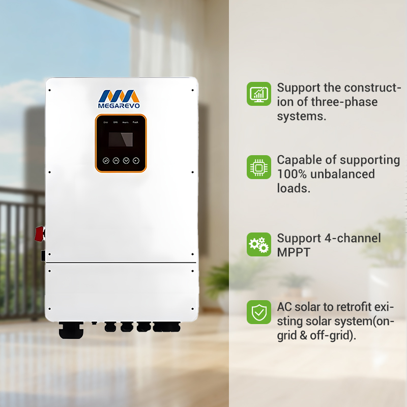 Megarevo Solar Power Inverter Us Version Hybrid DC to AC Solar Inverter Pure Sine Wave 5kw 6kw 8kw 10kw Split Phase for Energy Storage System