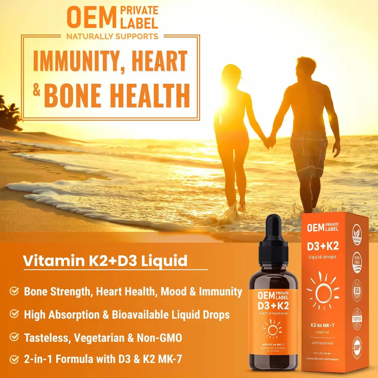 High Quality Vitamin D3 K2 Drops Oral Oil Support Bones Vitamin D3K2 Liquid Drops Immune System and Energy Levels
