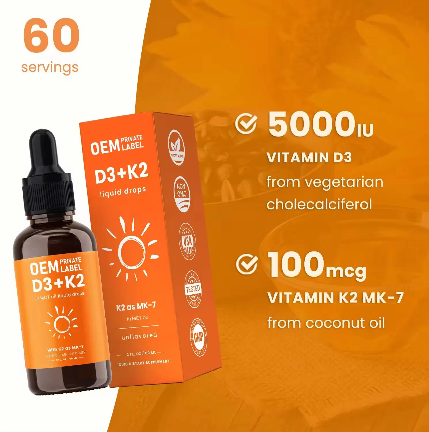 High Quality Vitamin D3 K2 Drops Oral Oil Support Bones Vitamin D3K2 Liquid Drops Immune System and Energy Levels