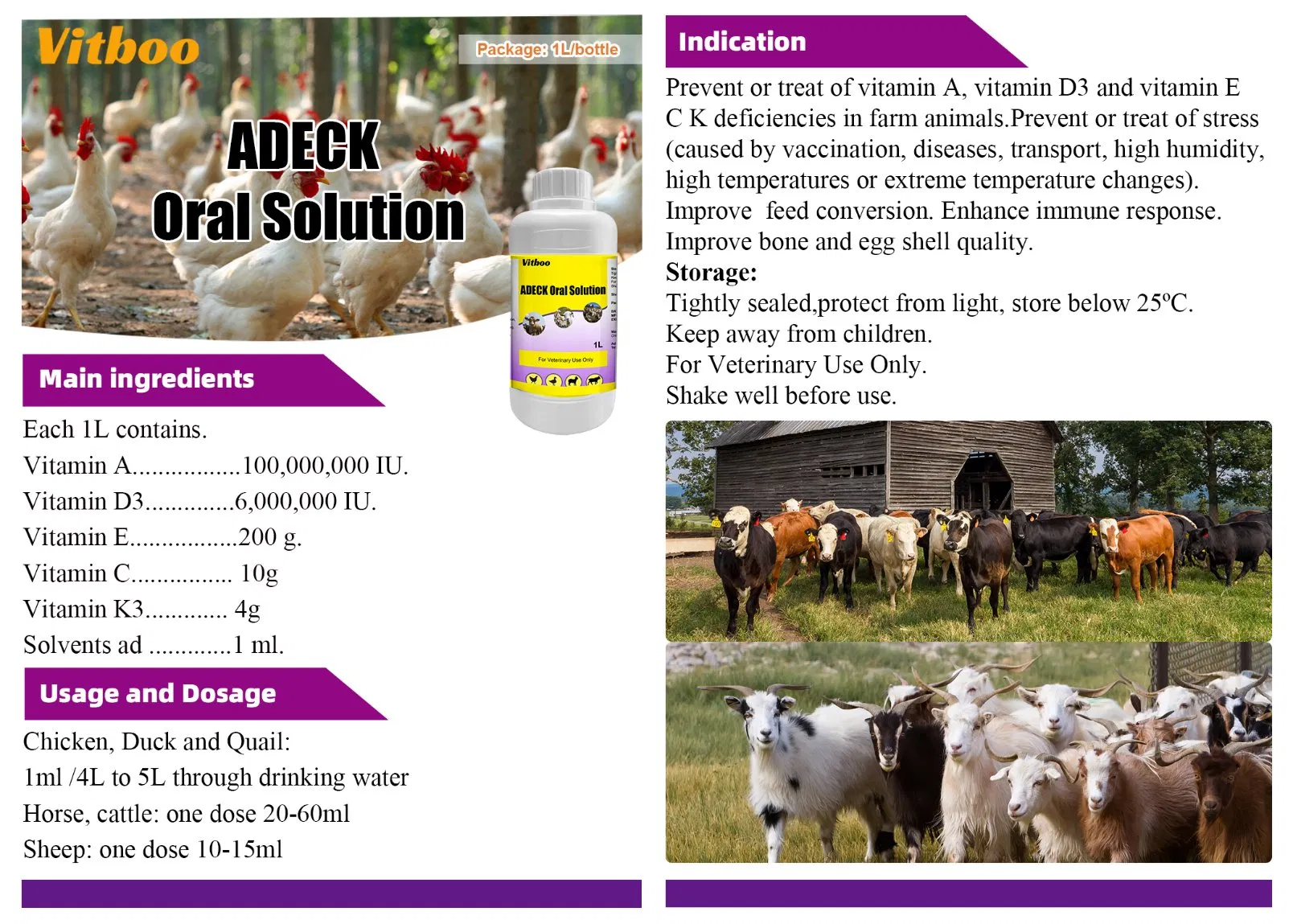 OEM/ODM GMP Multivitamin Oral Solution Vitamin Adeck Liquid 1L for Poultry and Livestock