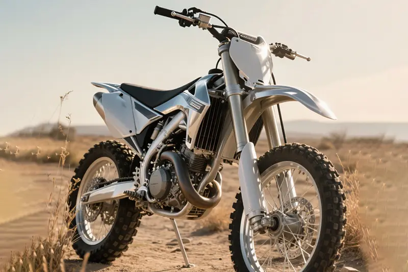 High-performance dirt bike components including lightweight frame, exhaust systems and suspension kits