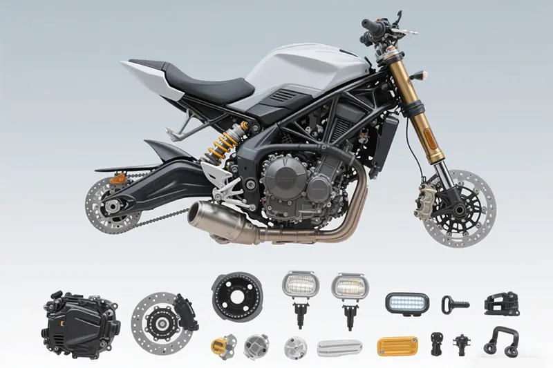 High-quality motorcycle parts including chain drive, braking components and engine parts
