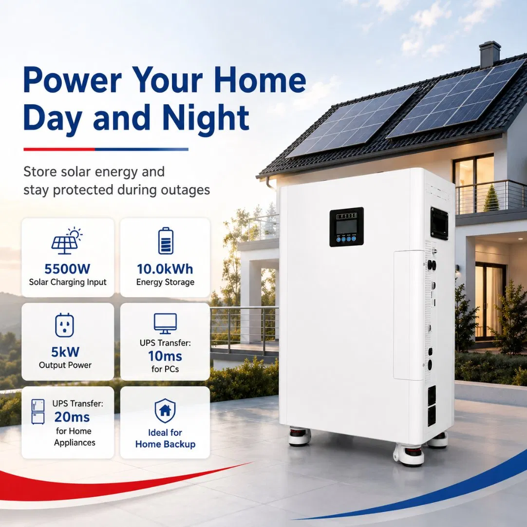 Bateria de Fosfato de Ferro de Lítio Tudo-em-Um 51.2V 10kwh Sistema de Armazenamento de Energia Solar Residencial 5kw Inversor 6000 Ciclos Profundos