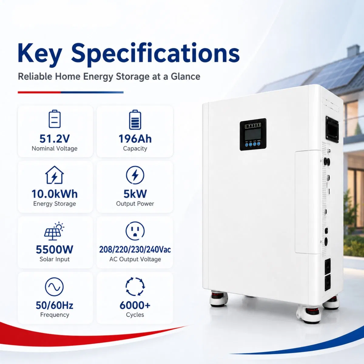 Bateria de Fosfato de Ferro de Lítio Tudo-em-Um 51.2V 10kwh Sistema de Armazenamento de Energia Solar Residencial 5kw Inversor 6000 Ciclos Profundos