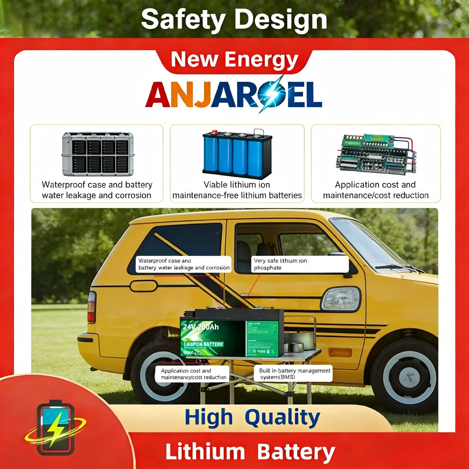 Célula de Lítio 24V 200ah LiFePO4 Bateria, IP65 Design à Prova d'Água para Uso Marinho e Externo
