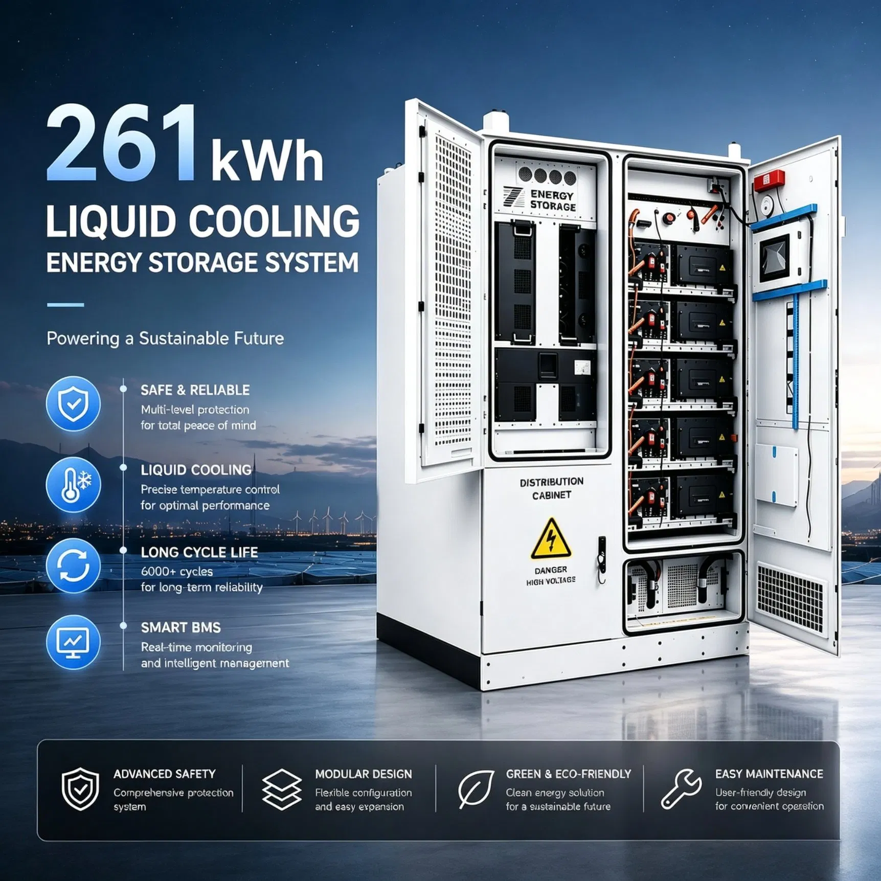 Refrigeração Líquida Inteligente 261kwh para Armário de Baterias em Armazenamento de Energia Solar Comercial e Industrial