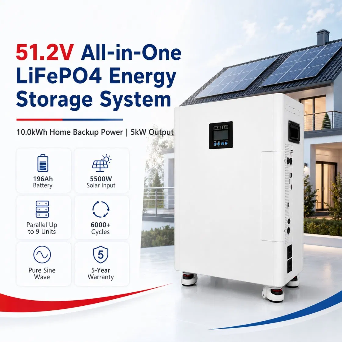Bateria de Fosfato de Ferro de Lítio Tudo-em-Um 51.2V 10kwh Sistema de Armazenamento de Energia Solar Residencial 5kw Inversor 6000 Ciclos Profundos