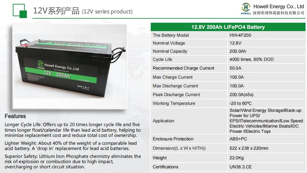 Bateria de Ciclo Profundo 12V 200ah de Lítio Lítio Ferro Fosfato para RV