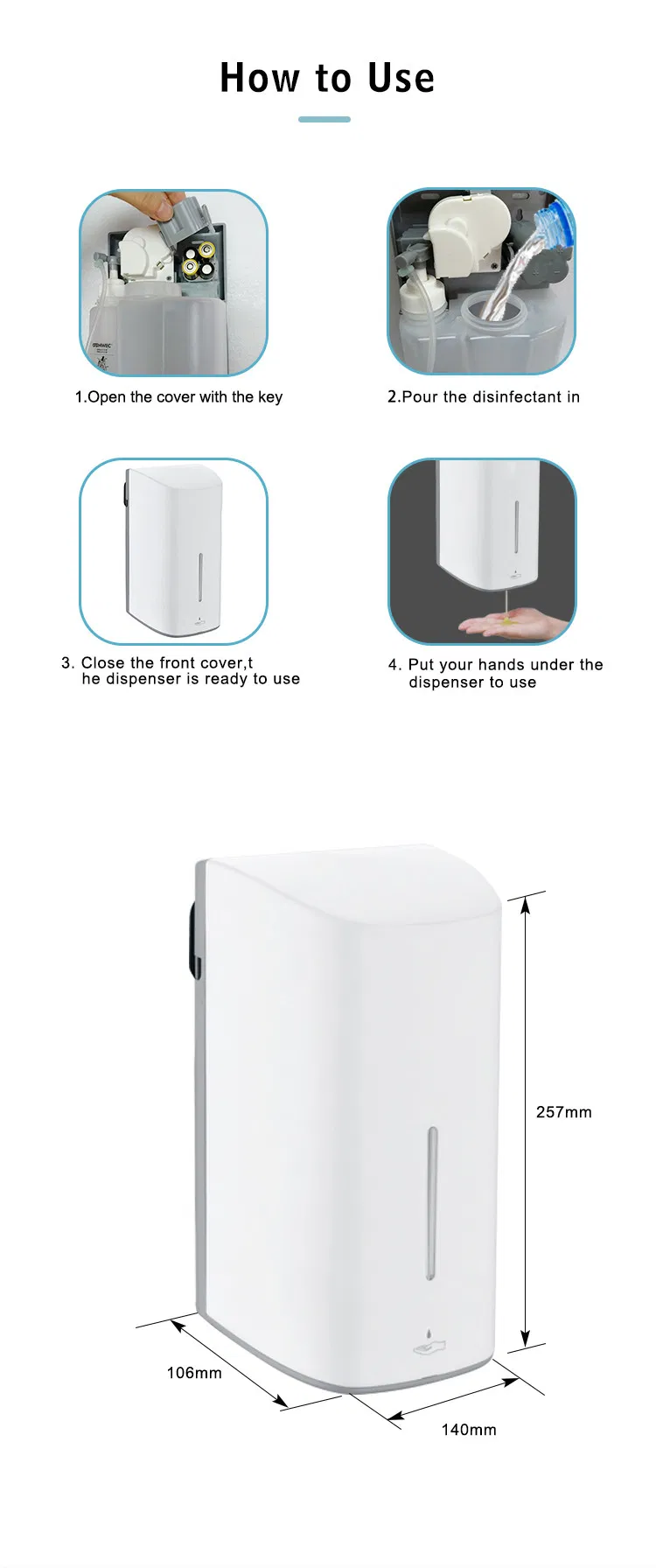 New Touchless Sensor Automatic Liquid or Foam Sanitize Dispenser Plastic Wall Mounted with Key-Locked Protection