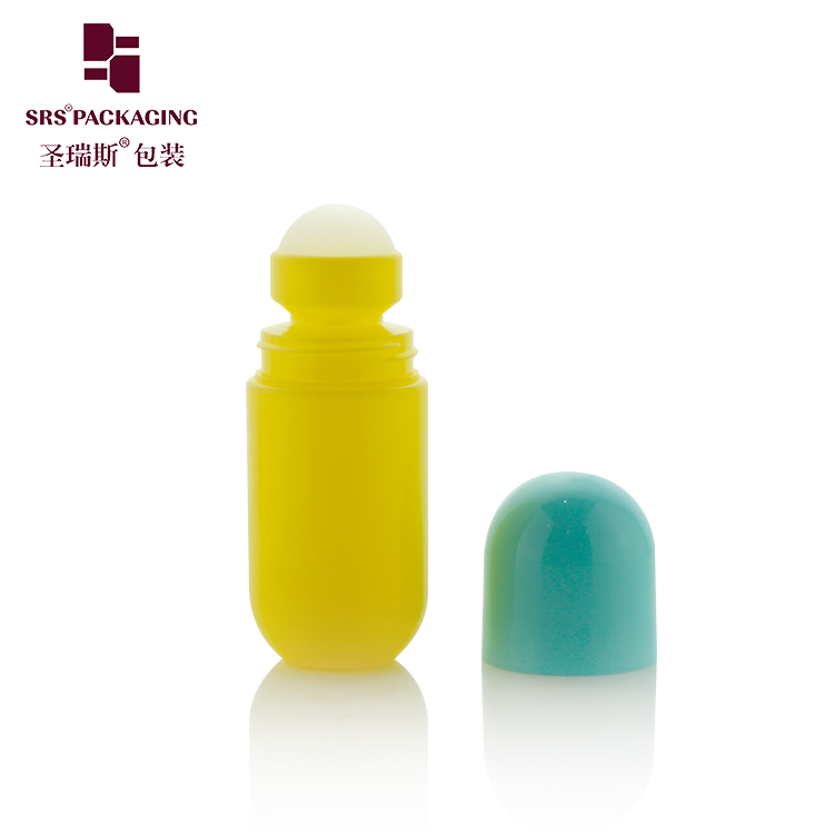 Yellow Empty 50ml Recycled PCR Massage Deodorant Roller Bottle With Blue Round Lid