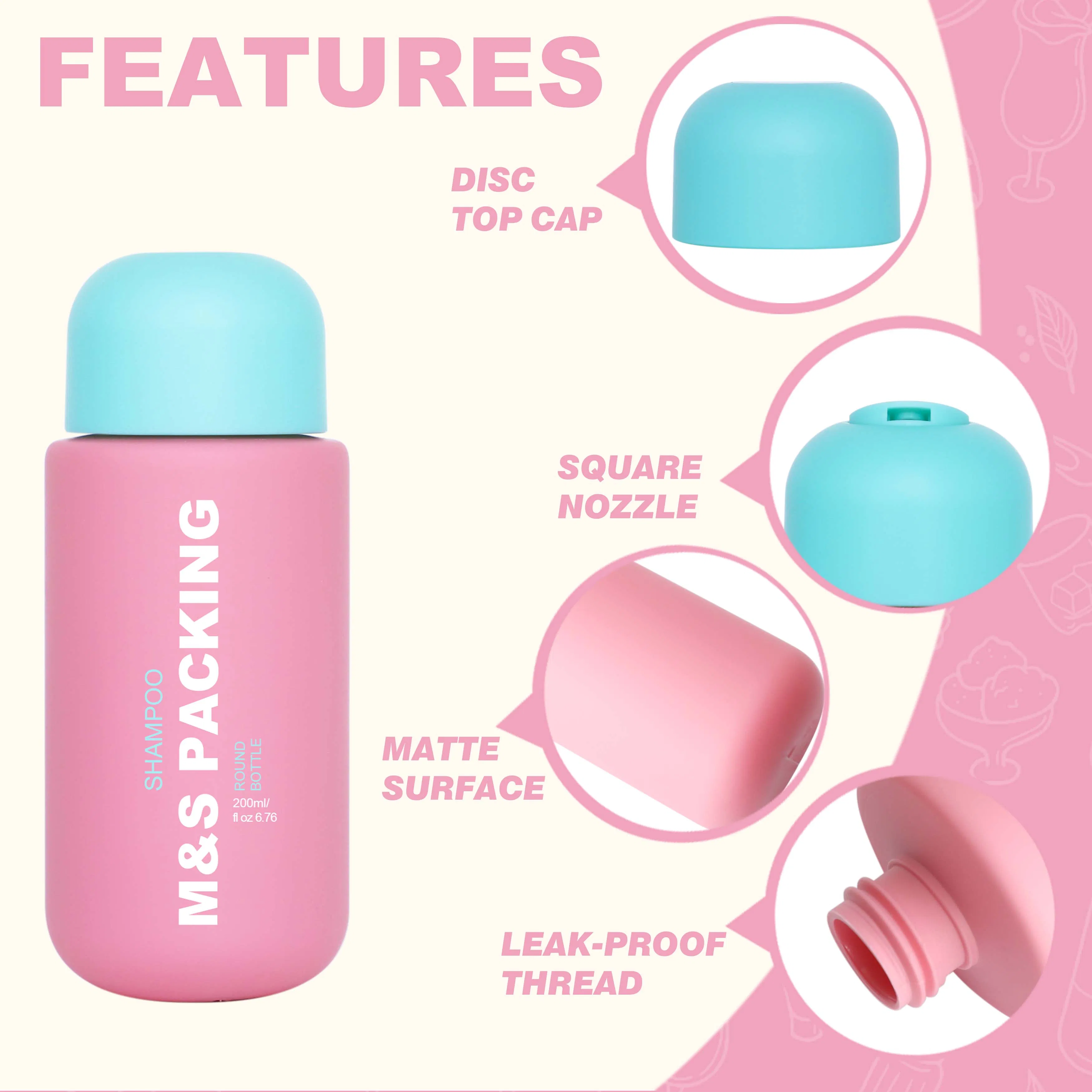 200ml Pink HDPE Soft Touch Cylinder Lotion Bottle with Disc Top Cap for Shampoo, Toner &amp; Hair Care