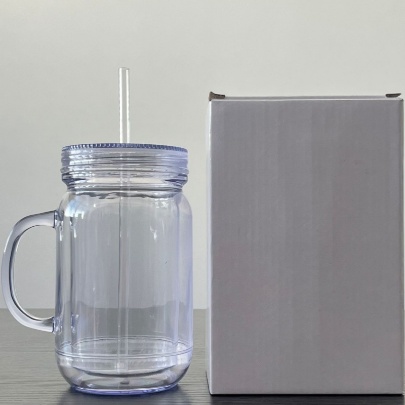 Double-Wall Snow Globe Mason Jar Clear Acrylic Plastic Snow Globe Tumbler Cups Mason Jars with Handle