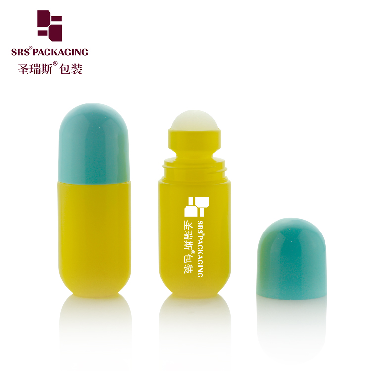 Yellow Empty 50ml Recycled PCR Massage Deodorant Roller Bottle With Blue Round Lid