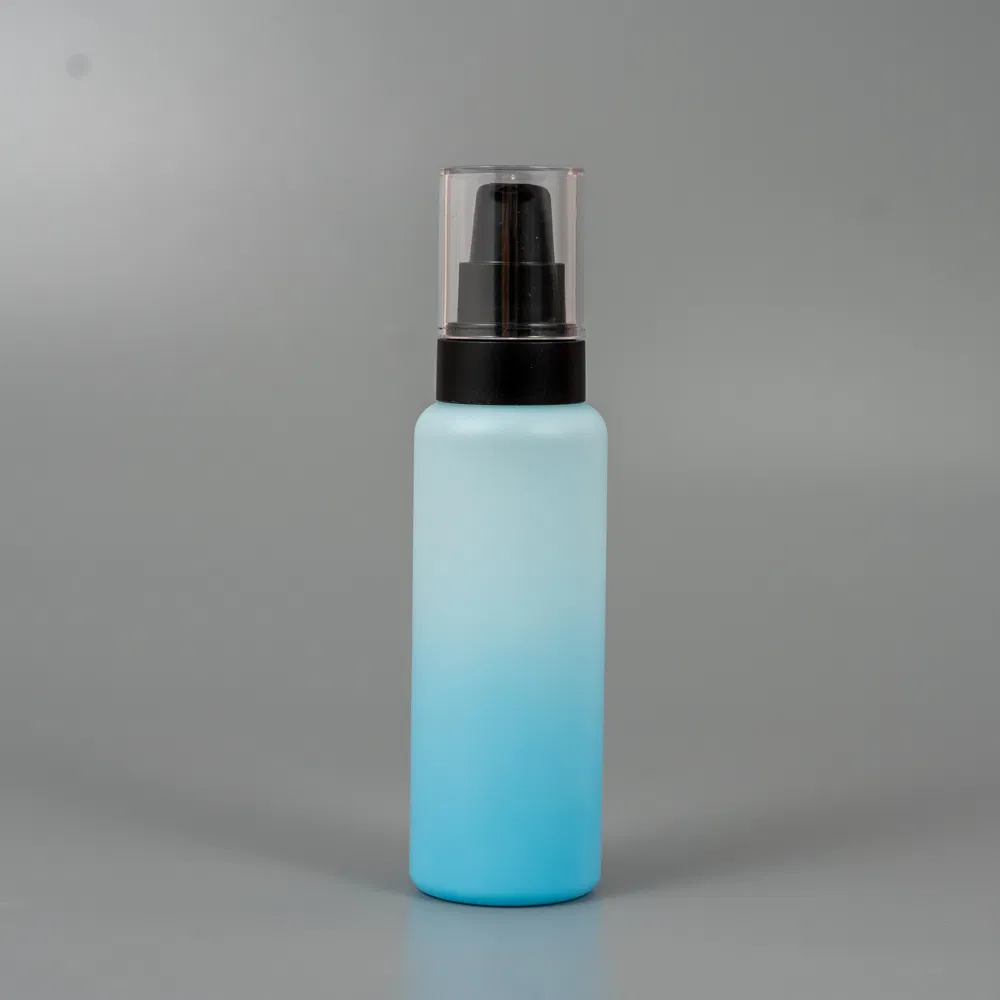 Classy Packaging Plastic Cosmetics Round Pet Bottle 50ml Cylinder Shape 1oz Soft Touch Effect Frosted Finish Black Treatment Pump Dispenser Bottle