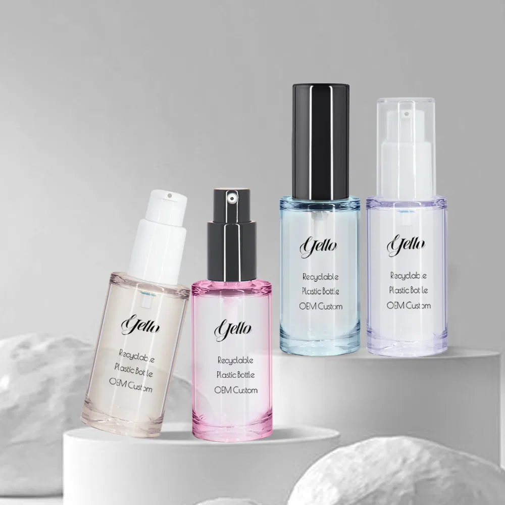 Luxury Empty Flat Rounded 30ml PETG Plastic Thick Wall Heavy Wall Spray Lotion Pump Bottle for Skincare with Printing