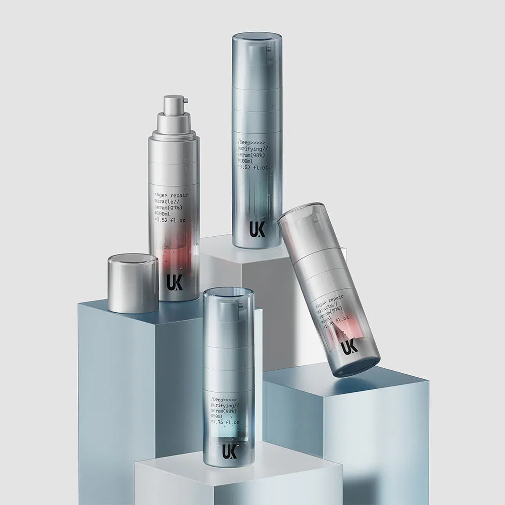 Ukpack Dual Chamber Refillable Airless Pump Bottle 30ml 50ml Spray Vacuum Bottle Pet Recyclable Dry and Liquid for Essence Bottle for Serums