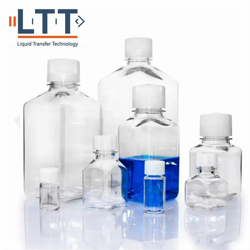 Square Transparent Pet Plastic Cell Culture Media Blood Serum Bottle Reagent Bottles 30ml 50ml 125ml 250ml 500ml 1000ml