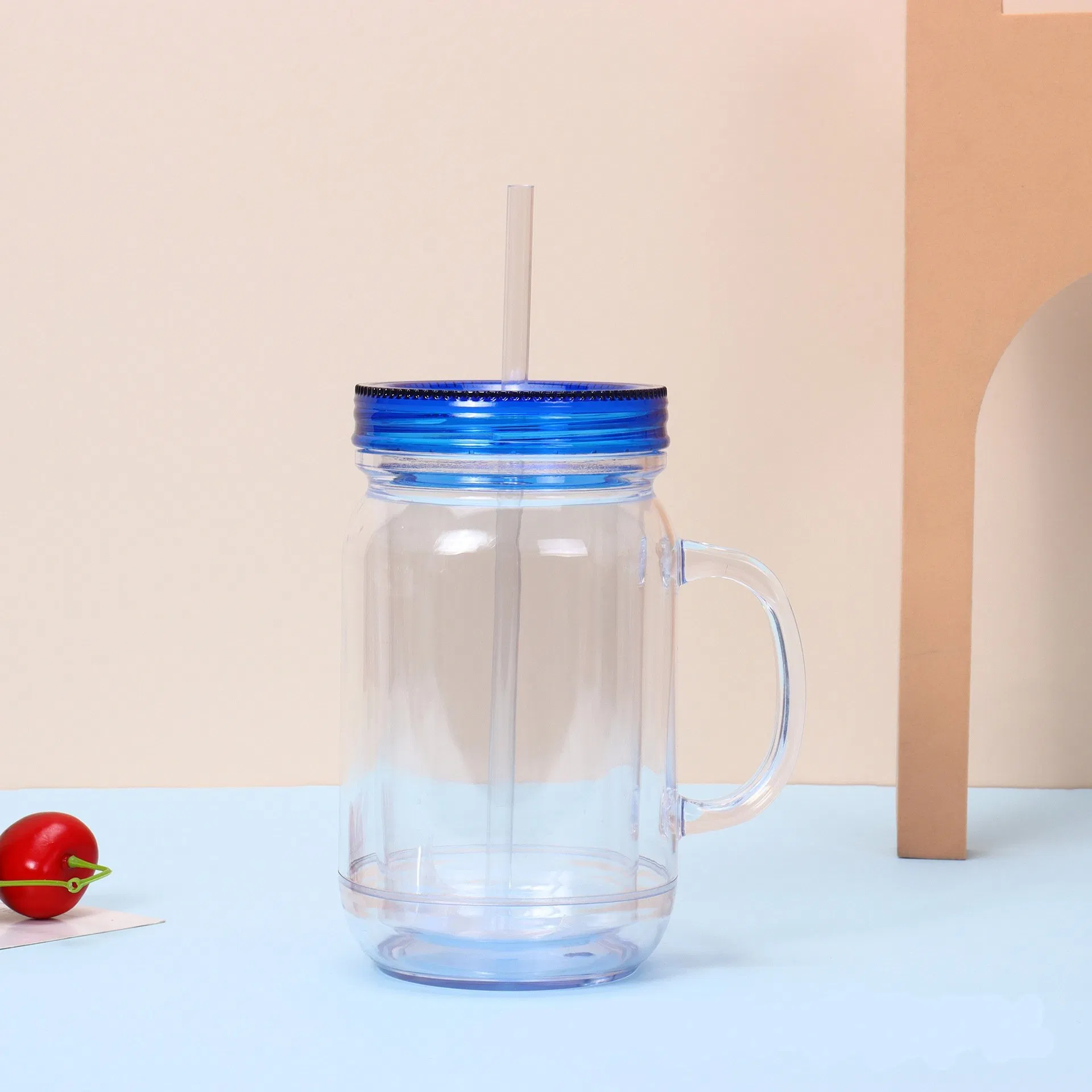 Double-Wall Snow Globe Mason Jar Clear Acrylic Plastic Snow Globe Tumbler Cups Mason Jars with Handle