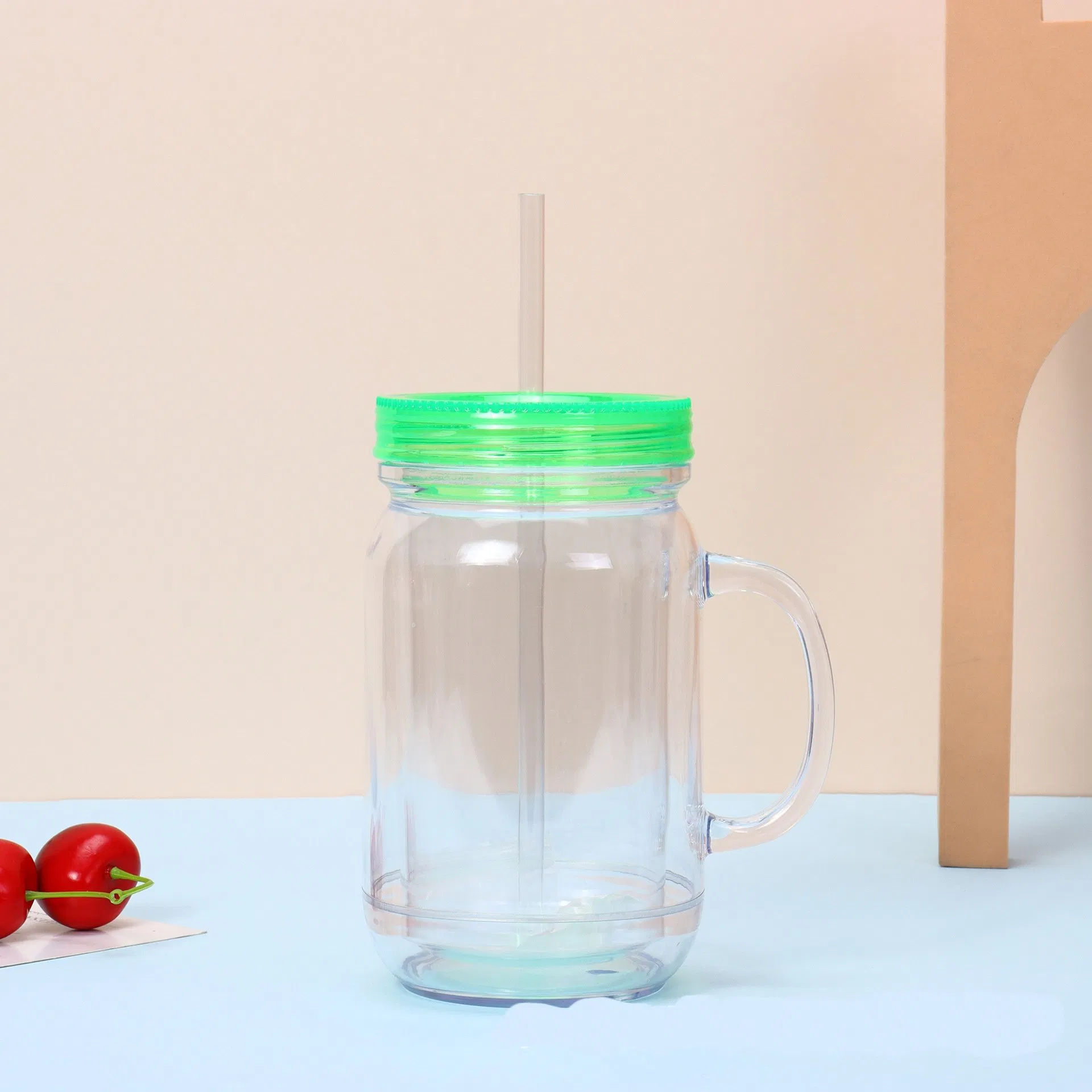 Double-Wall Snow Globe Mason Jar Clear Acrylic Plastic Snow Globe Tumbler Cups Mason Jars with Handle