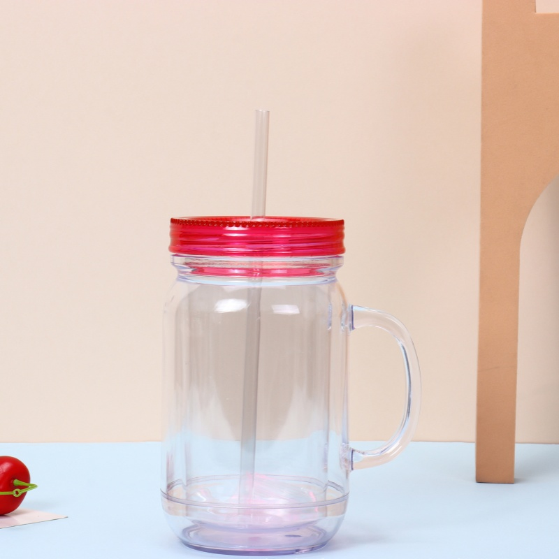 Double-Wall Snow Globe Mason Jar Clear Acrylic Plastic Snow Globe Tumbler Cups Mason Jars with Handle