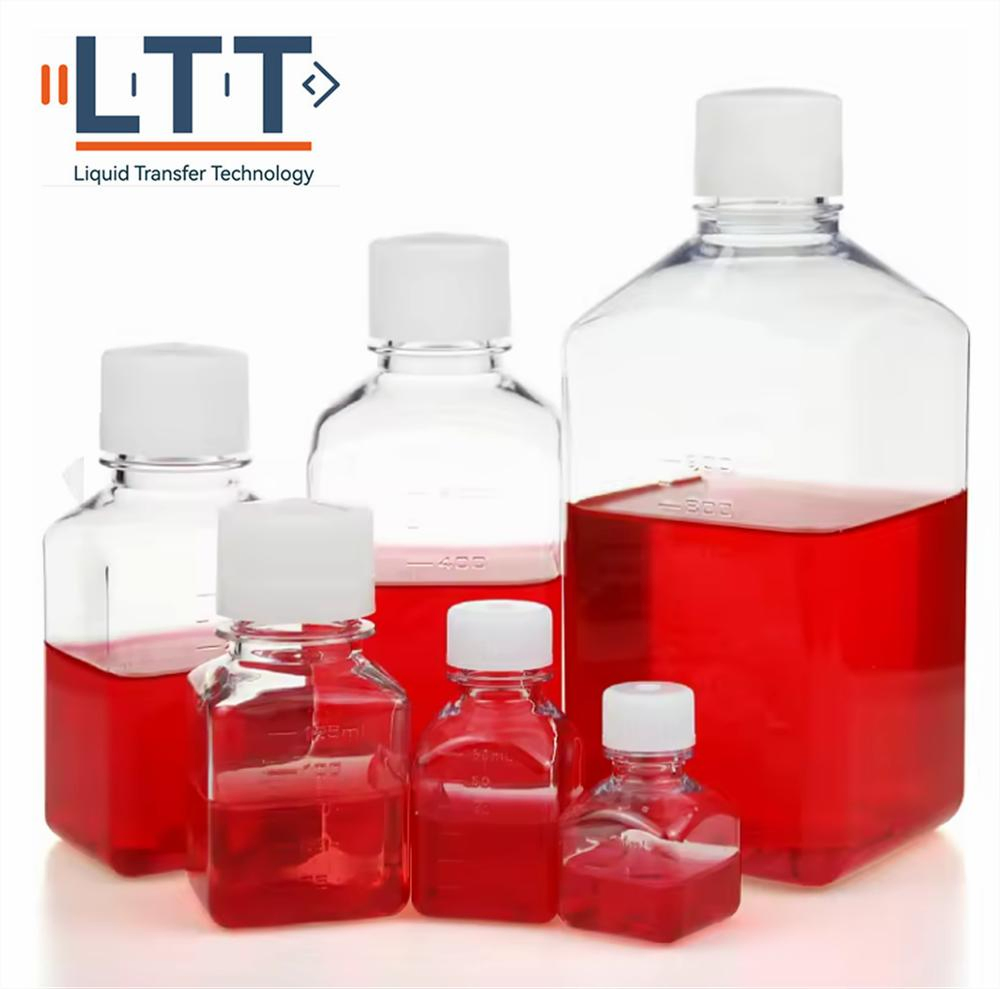 Square Transparent Pet Plastic Cell Culture Media Blood Serum Bottle Reagent Bottles 30ml 50ml 125ml 250ml 500ml 1000ml