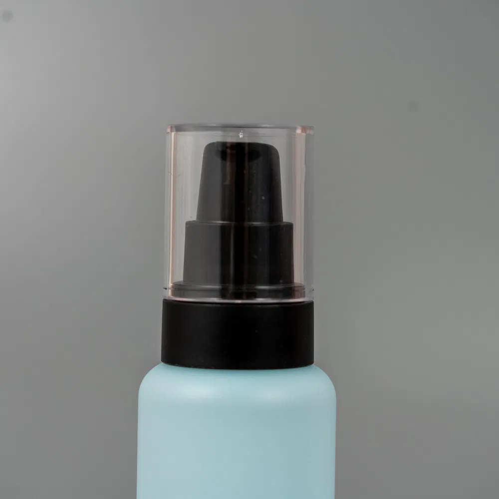 Classy Packaging Plastic Cosmetics Round Pet Bottle 50ml Cylinder Shape 1oz Soft Touch Effect Frosted Finish Black Treatment Pump Dispenser Bottle