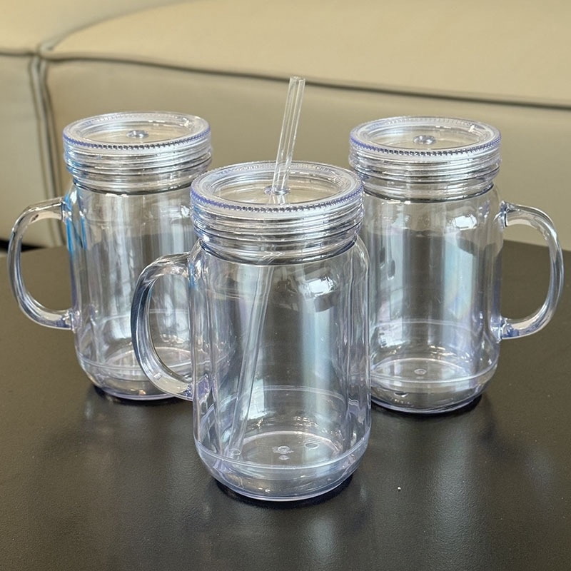 Acrylic Double Wall Snow Globe 20oz Plastic Mason Jar with Handle and Plastic Lid for Vinyl and DIY Snowglobe Glitter