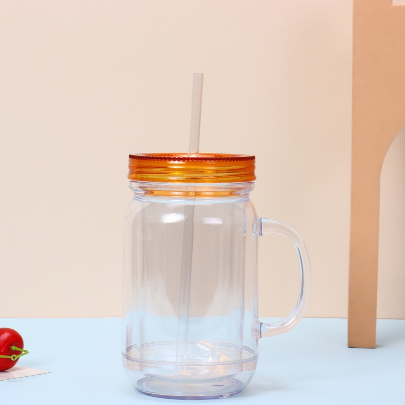 Double-Wall Snow Globe Mason Jar Clear Acrylic Plastic Snow Globe Tumbler Cups Mason Jars with Handle