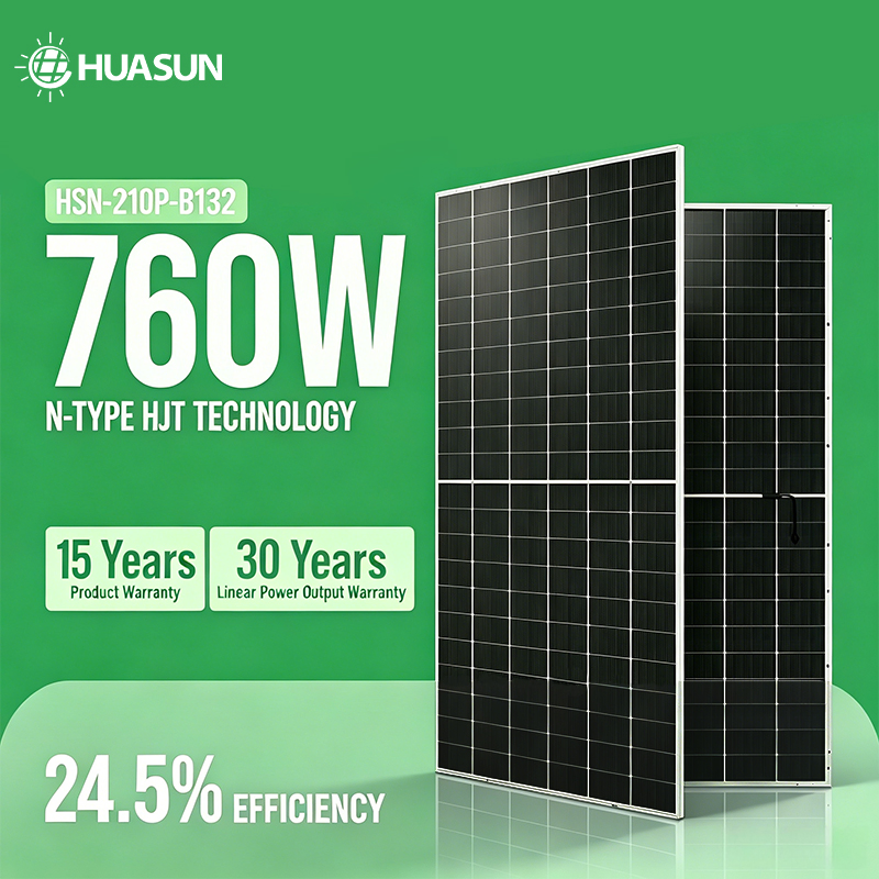 Huasun 720W 730W 740W 750W 760W Hjt Módulo Solar Bifacial de Silicio Monocristalino Tipo N Panel Solar de Doble Cristal para Sistemas Fotovoltaicos de Escala Industrial