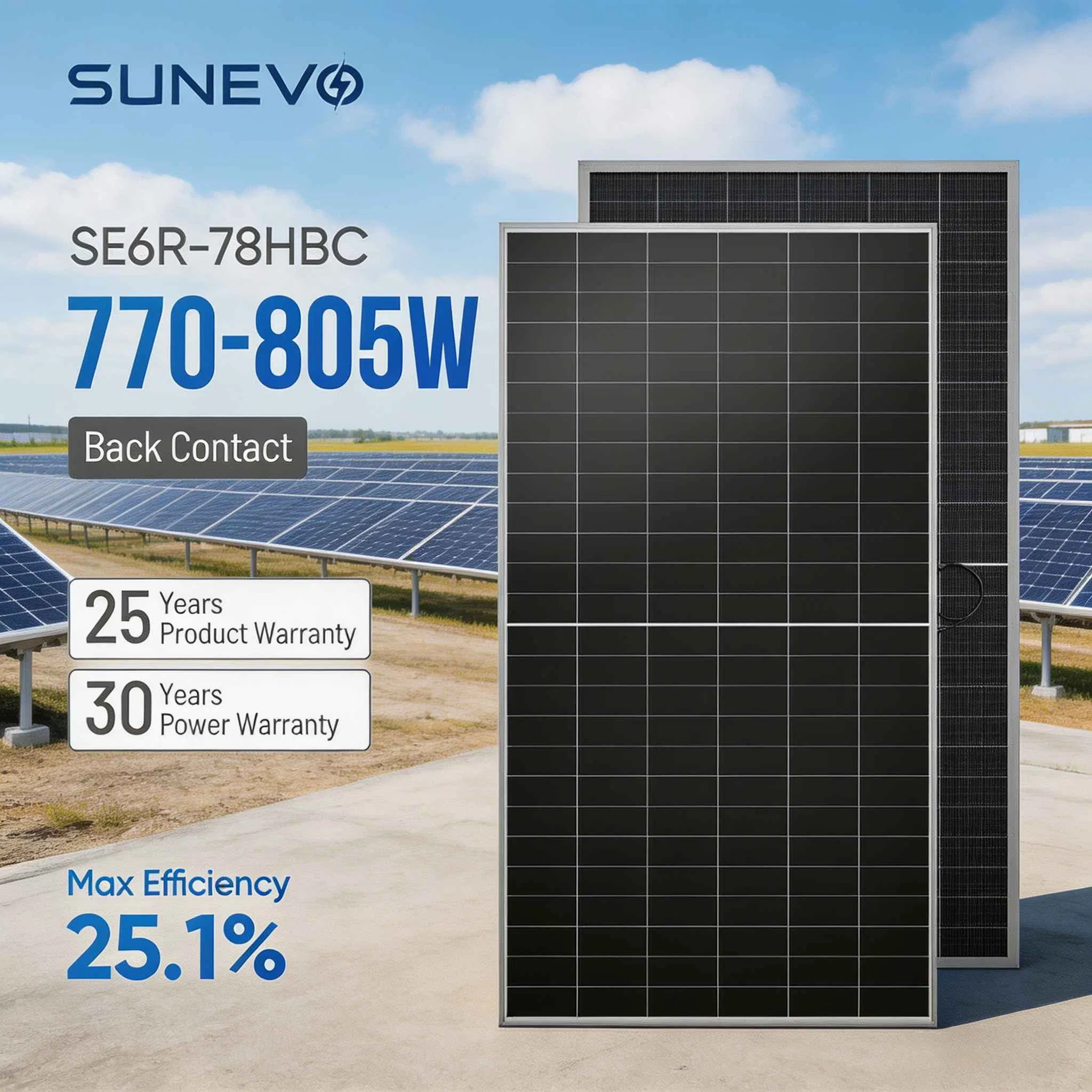 Sunevo 770W 805W Paneles Solares Bifaciales de Contacto Posterior Tipo N para Sistemas Solares en Tejados de Hogares y Plantas de Energía Industrial a Gran Escala