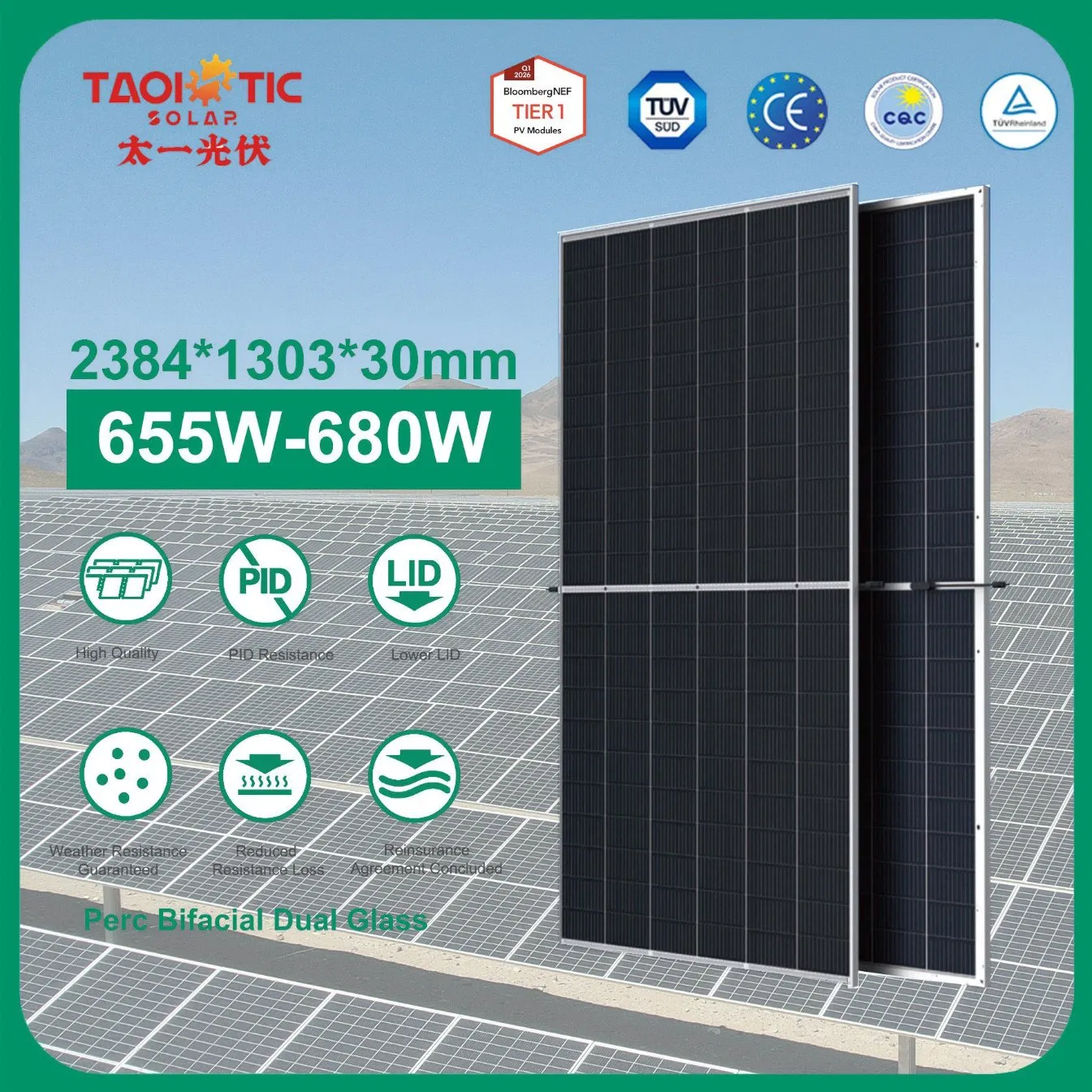 Módulo Solar Fotovoltaico de Doble Cristal de Alta Eficiencia 655-680W Perc Chn-680-PC-Dg