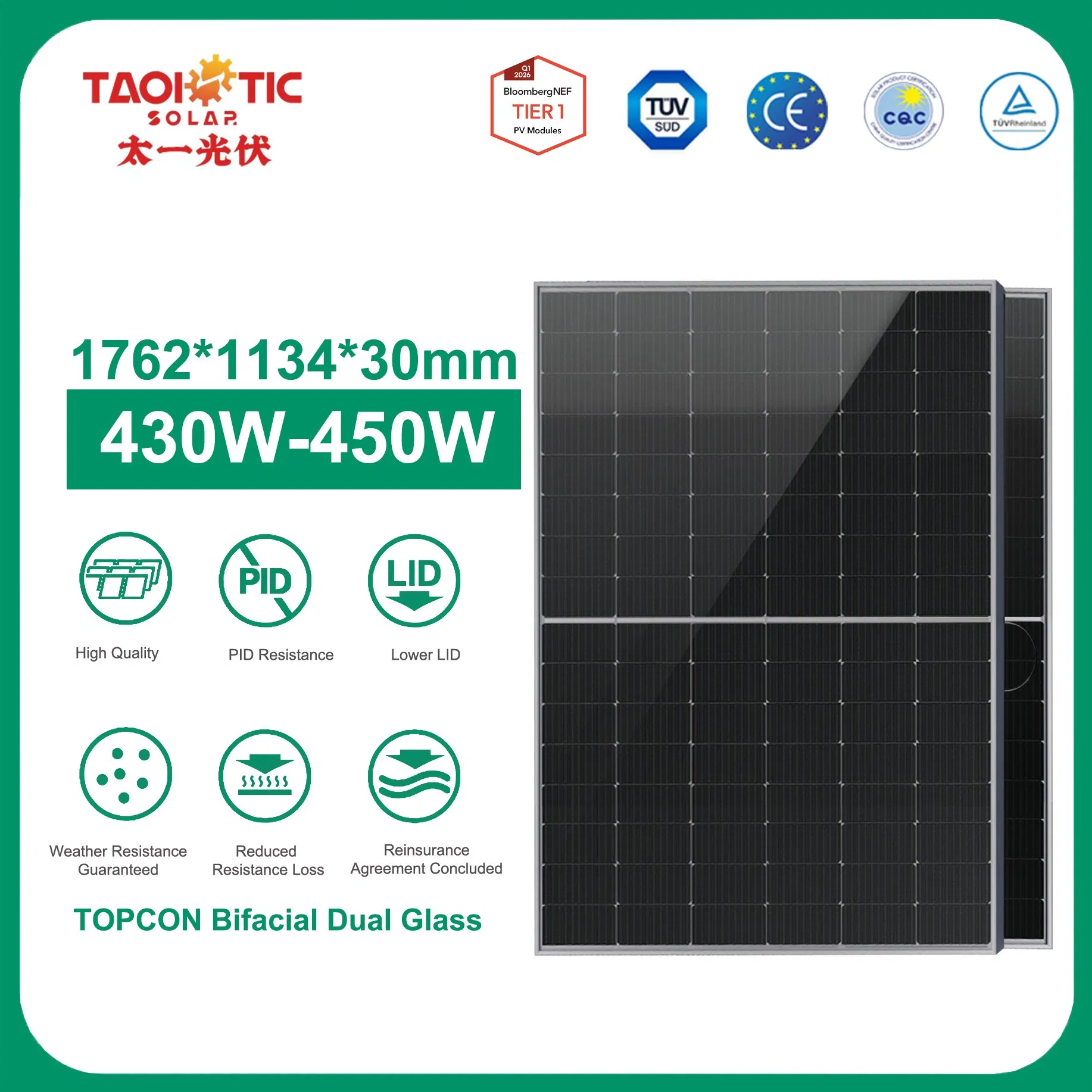 Paneles Solares Bifaciales Topcon de Monocristalino de Doble Vidrio Personalizados Taoístas 430-450W Fotovoltaicos