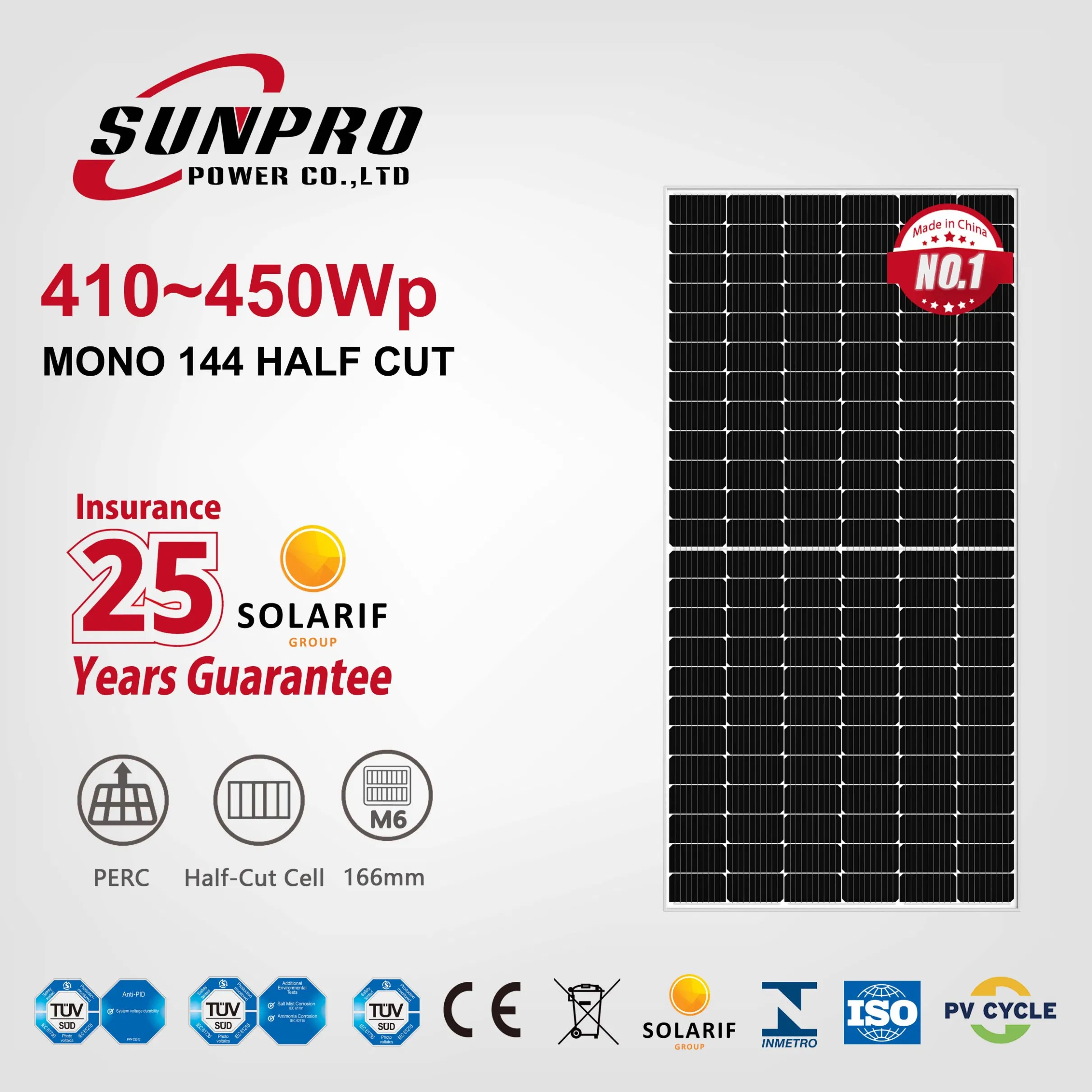 Sunpro Power 440W 445W 450W 455W 460W Monocristalino 166mm M6 Media Celda 72/144 Panel Solar Mono Energía Fotovoltaica