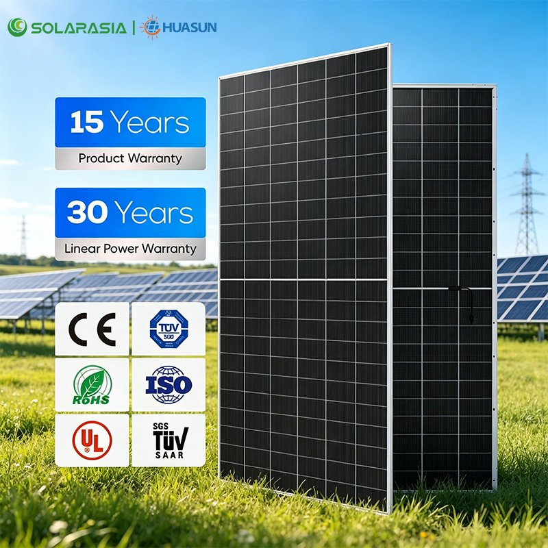 Huasun 720W 730W 740W 750W 760W Hjt Módulo Solar Bifacial de Silicio Monocristalino Tipo N Panel Solar de Doble Cristal para Sistemas Fotovoltaicos de Escala Industrial