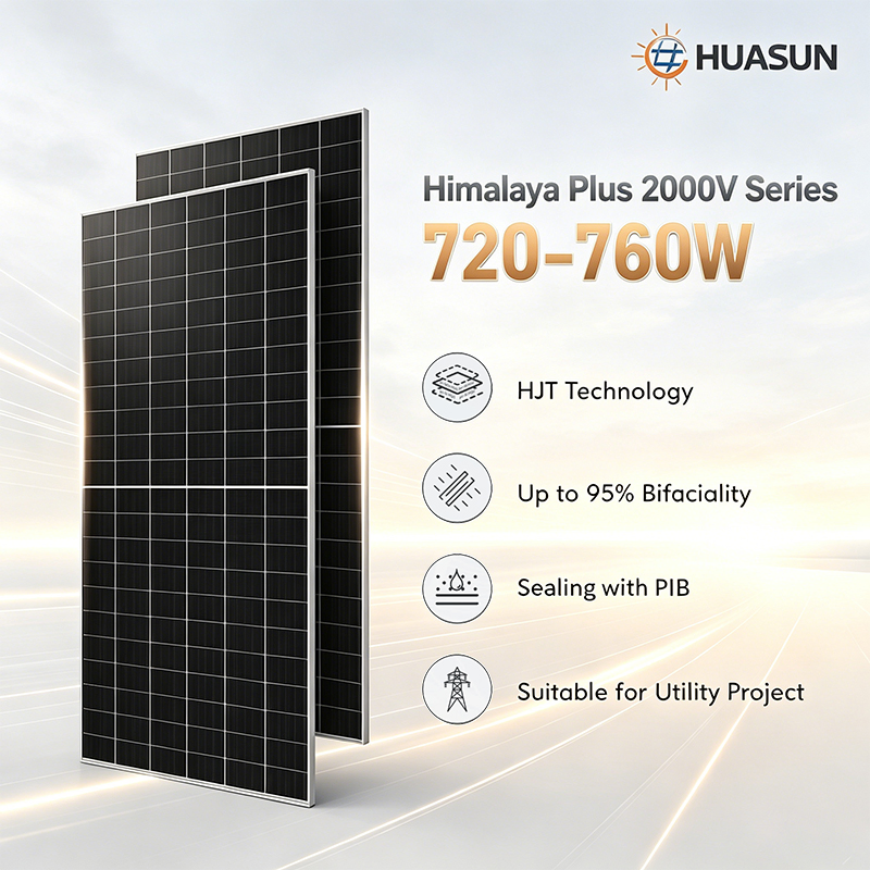 Huasun 720W 730W 740W 750W 760W Hjt Módulo Solar Bifacial de Silicio Monocristalino Tipo N Panel Solar de Doble Cristal para Sistemas Fotovoltaicos de Escala Industrial
