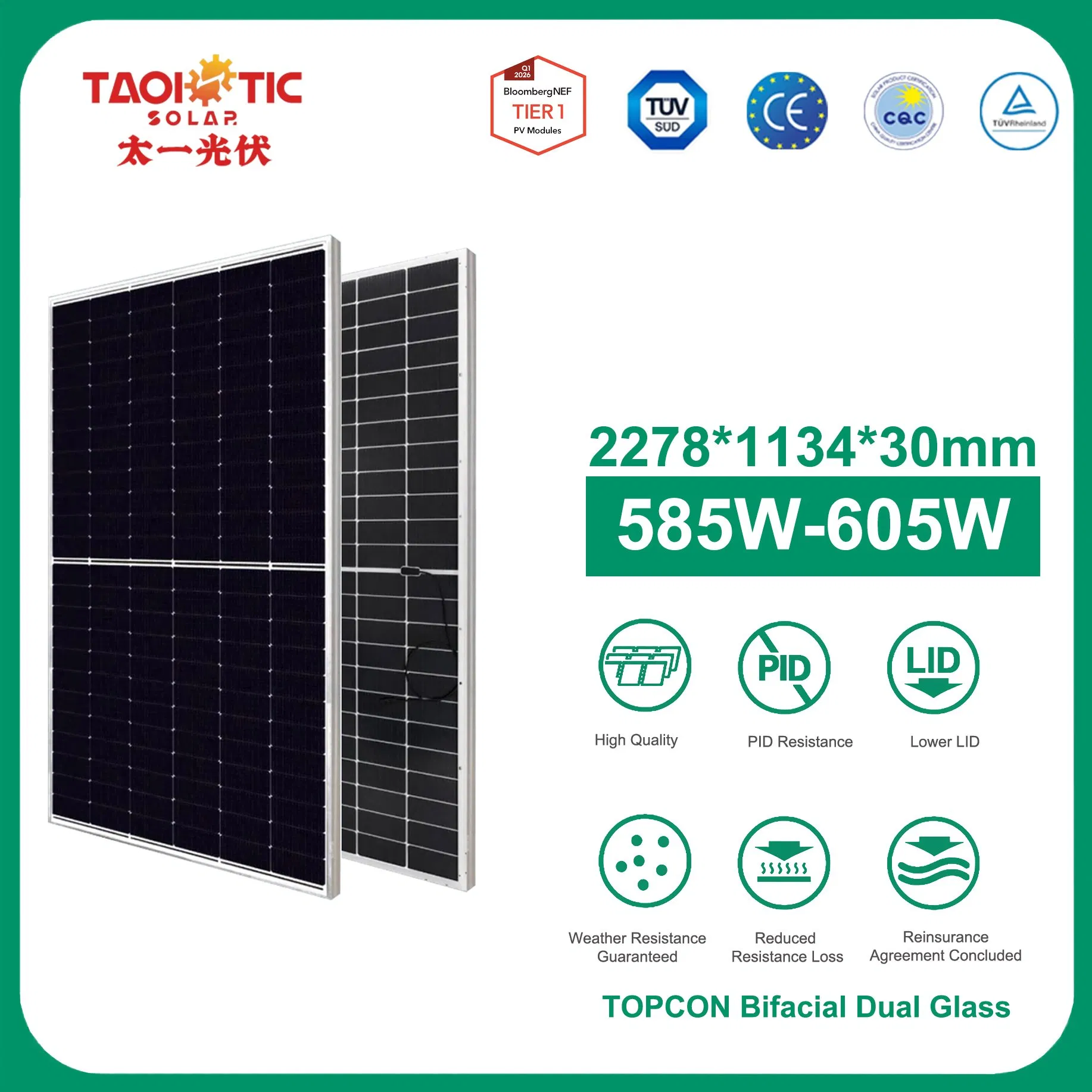 Módulos de panel solar taoísta industrial CQC TUV 585W a escala de utilidad
