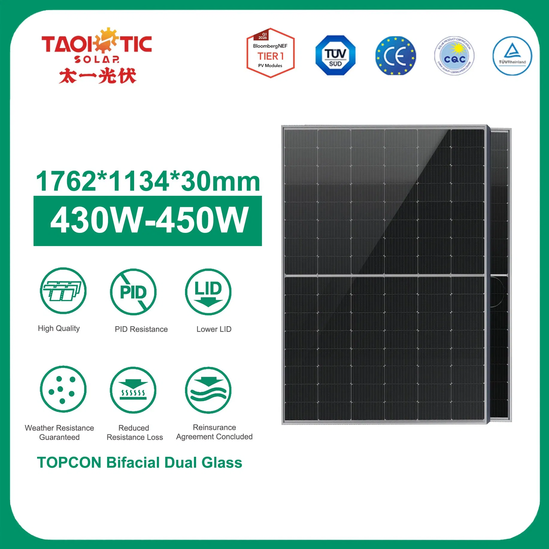 Nivel Taoísta 1 Duales de Vidrio Monocristalino 430-450W Paneles Solares Fotovoltaicos Bifaciales Topcon