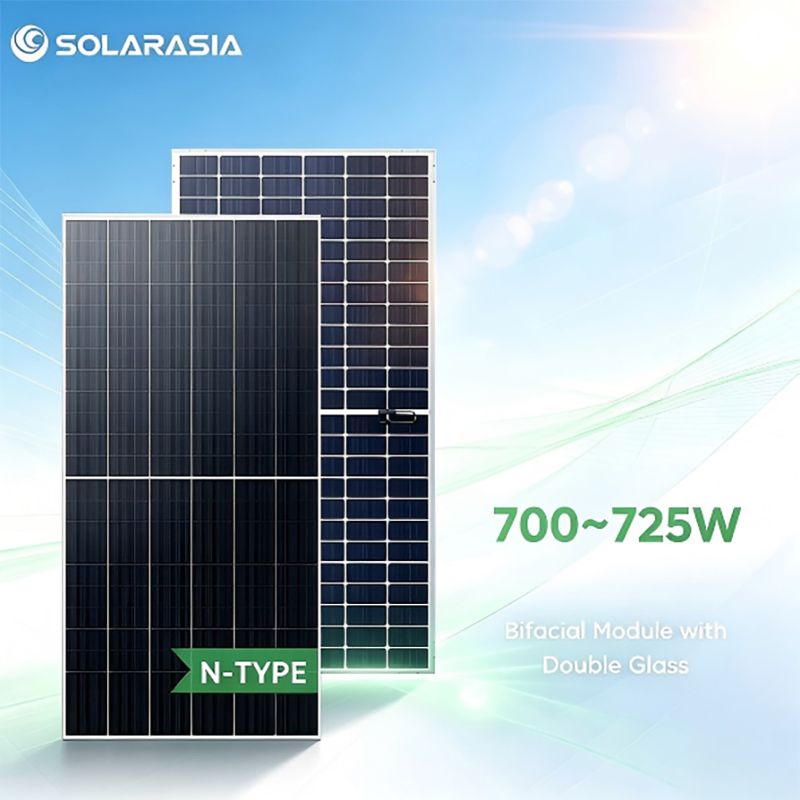 Panel Solar Solarasia 700W 705W 710W 715W 720W 725W N Tipo Hjt Bifacial Doble Vidrio Módulo Fotovoltaico PV para Plantas de Energía a Escala Utilitaria