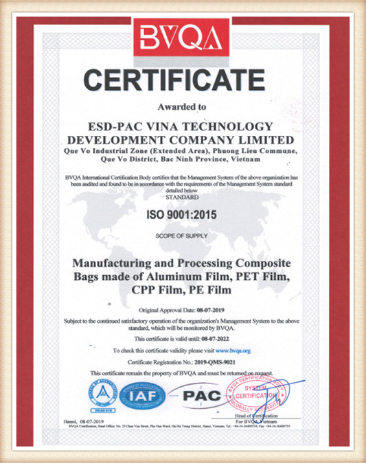 ESD-PAC Vina CE certification for packaging products