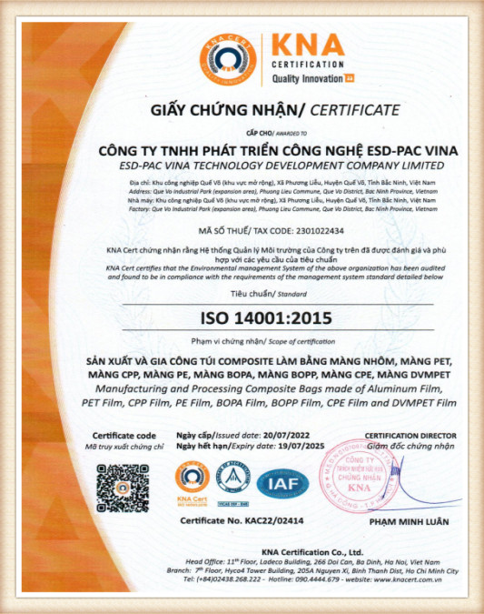 ESD-PAC Vina TS technical standard certificate for packaging
