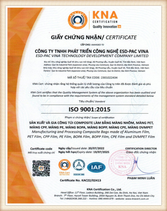 ESD-PAC Vina ISO 9001 Quality Management System Certificate